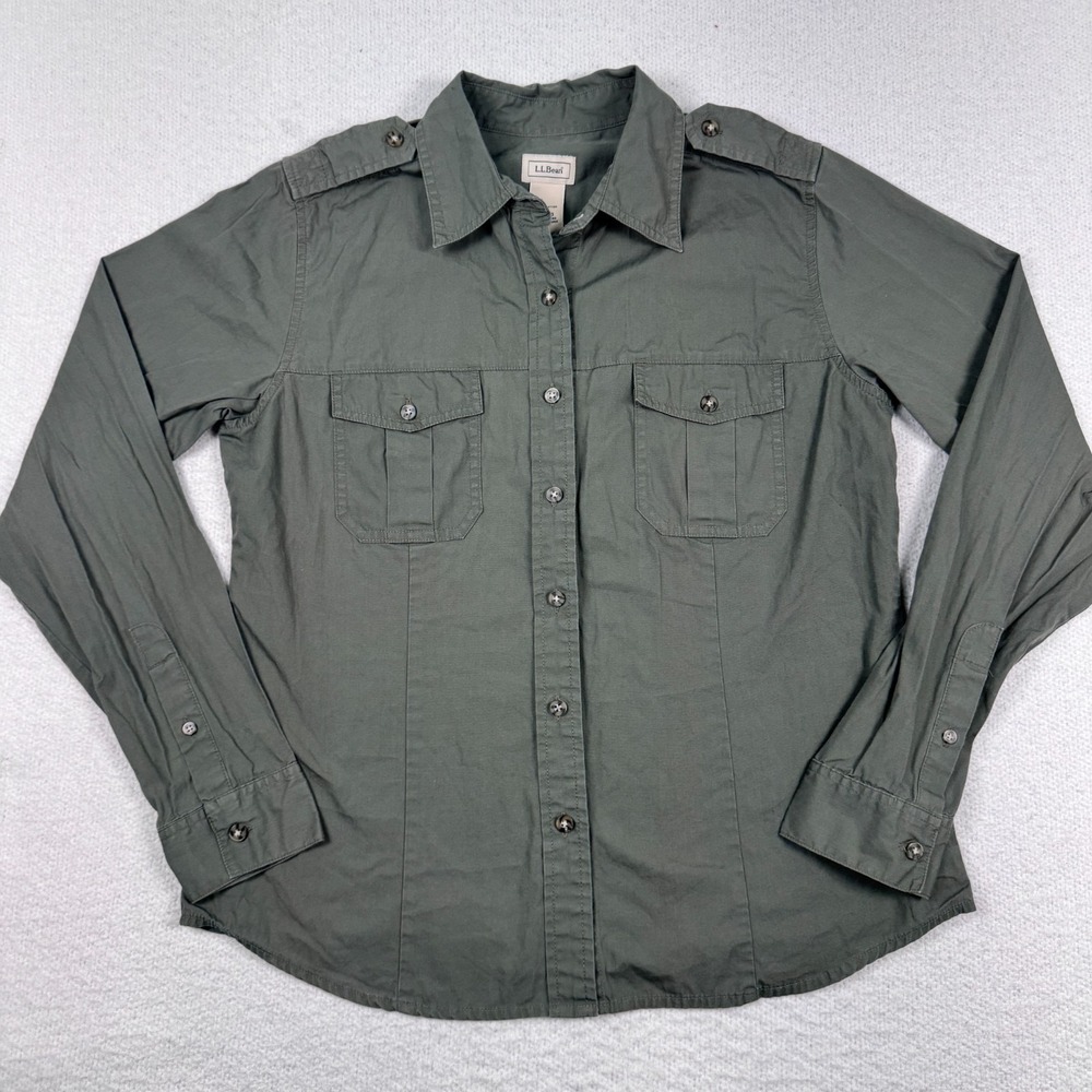 Vintage L.L. Bean Shirt Womens Medium Button Front Military Utility Green